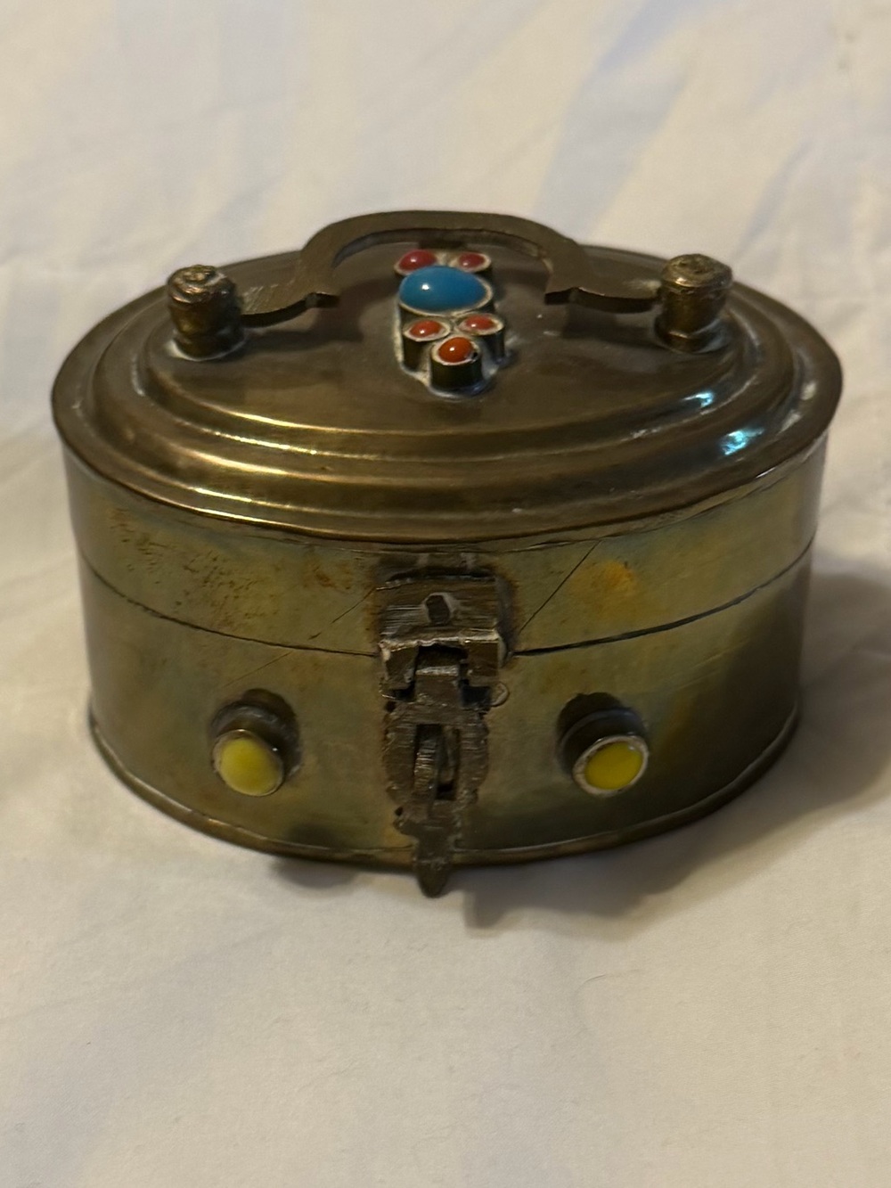 Vintage Brass Trinket Box with Beaded Stones from India